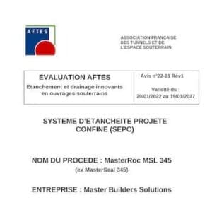 Évaluation AFTES n°22–01 – Validité du : 20/01/2022 au 19/01/2027